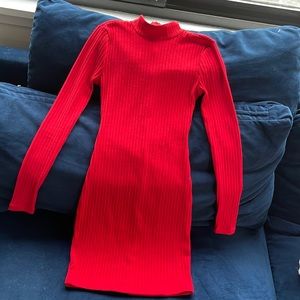 Red ribbed knit stretch turtleneck dress